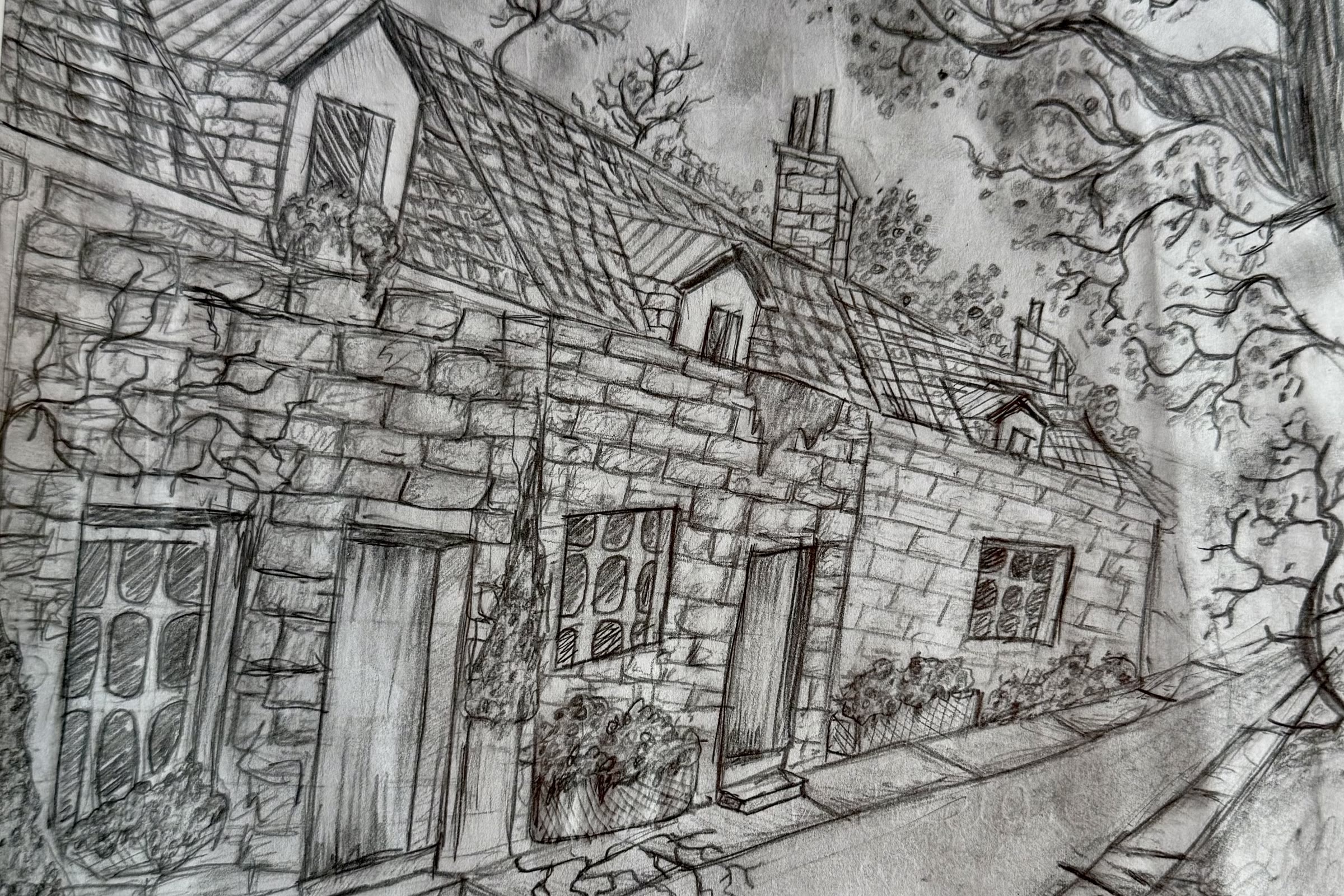 Pencil drawing by Adleigh Jimenez: a row of stone cottages under old trees